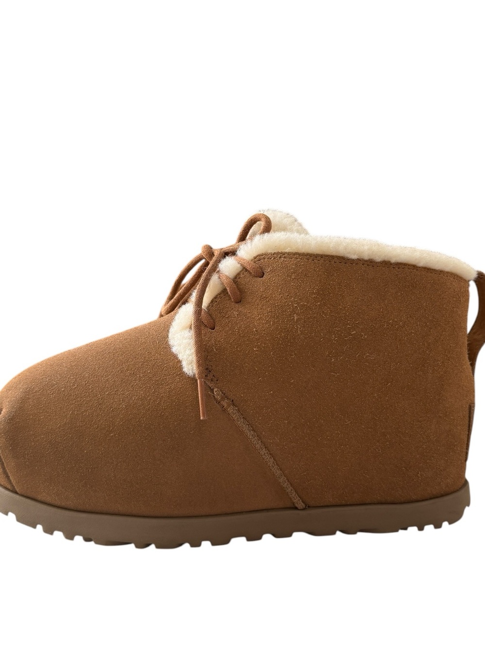 UGG Puffed Lace Up Chestnut Brown Suede Ankle Booties with Shearling